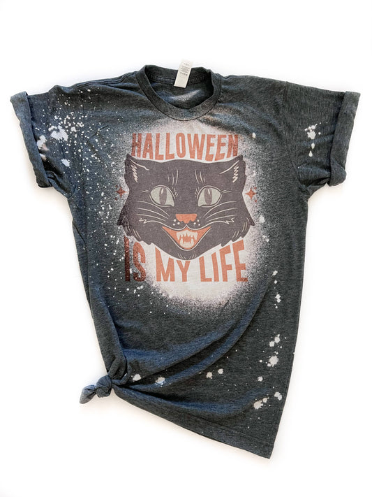 Halloween Is My Life Vintage Cat Halloween Bleached Tee
