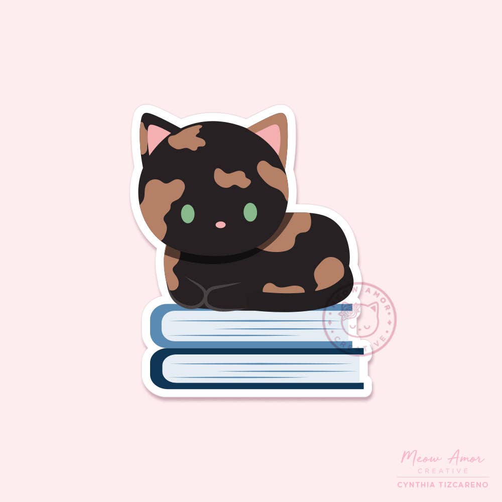 Tortie Cat on Books Vinyl Sticker