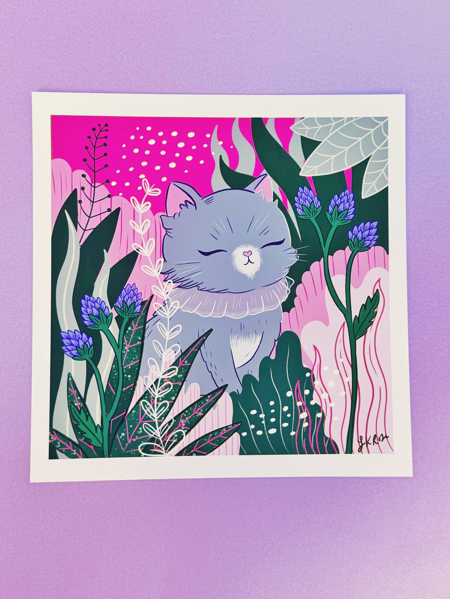 Serene Grey Cat Forest Square Art Print - Zen Kitty