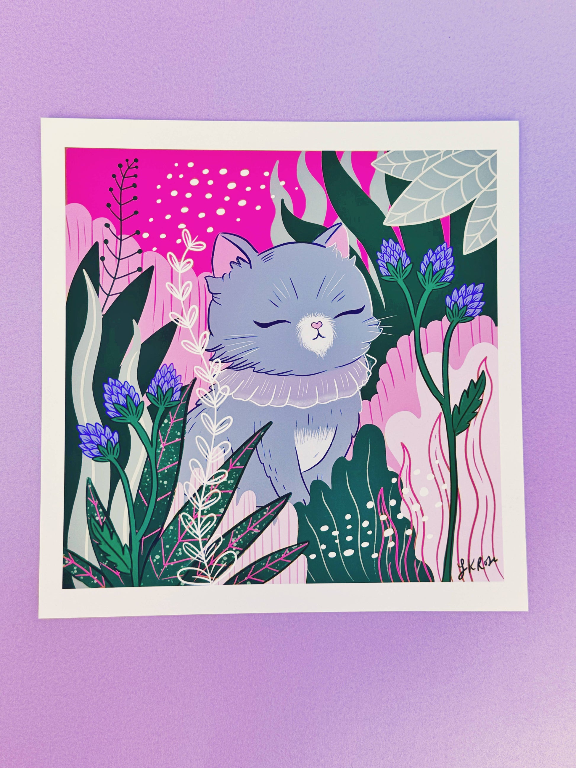 Serene Grey Cat Forest Square Art Print - Zen Kitty