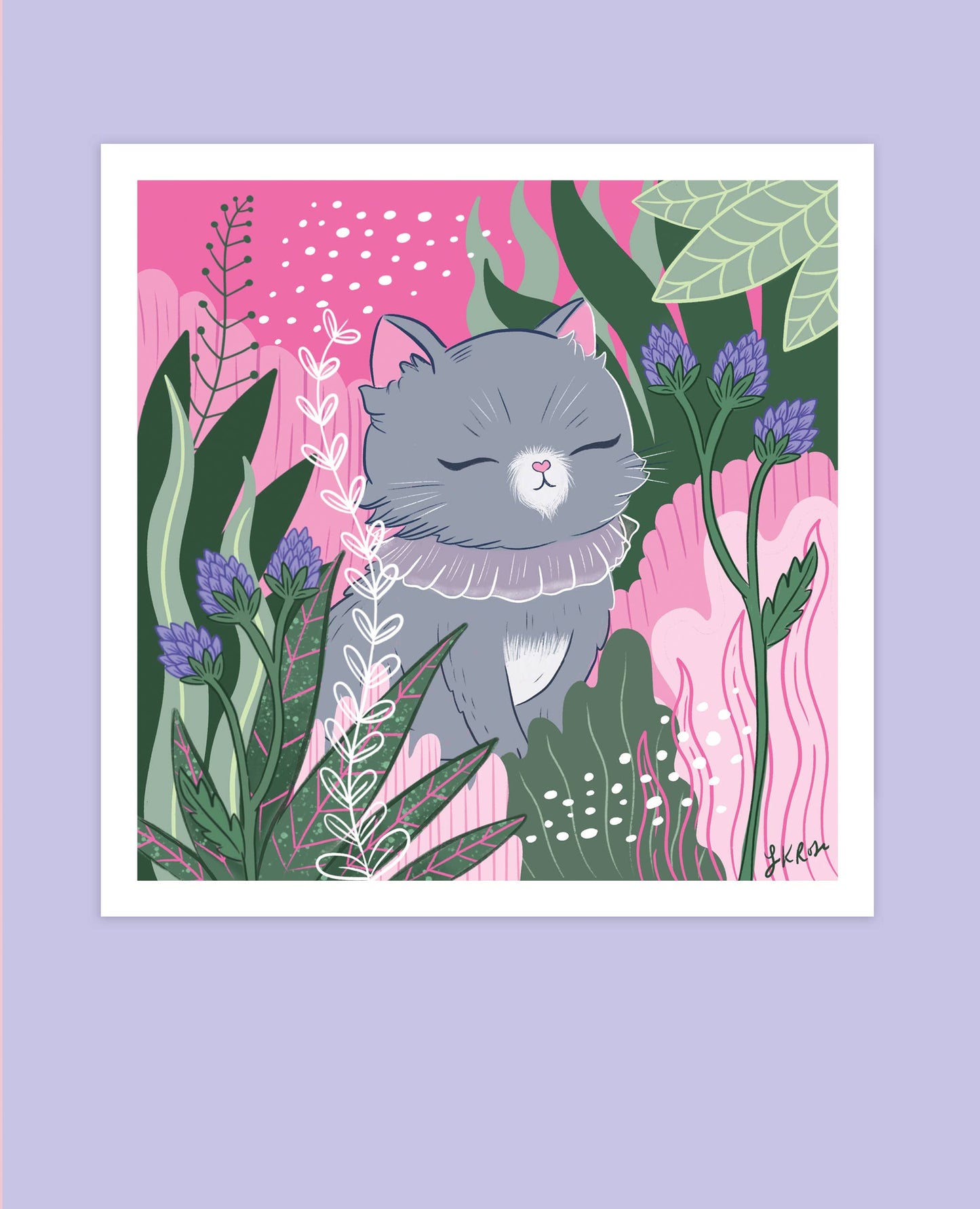 Serene Grey Cat Forest Square Art Print - Zen Kitty