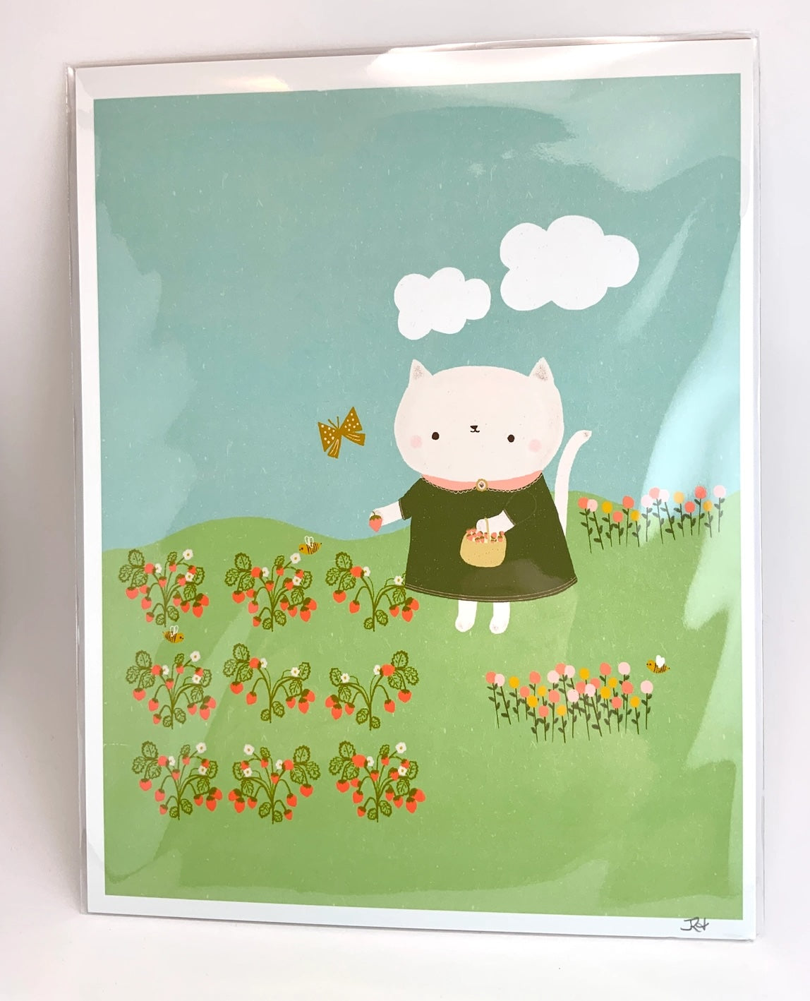 Kitty Goes Strawberry Picking Art Print