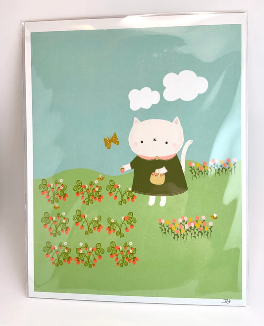 Kitty Goes Strawberry Picking Art Print