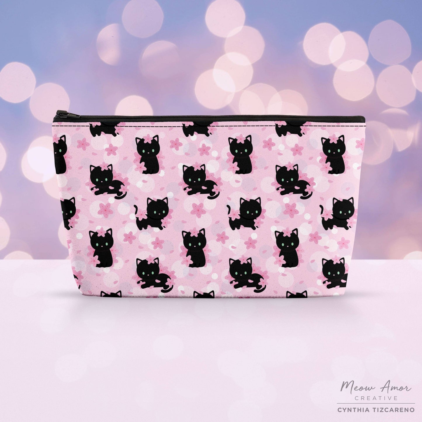 Cherry Blossom Black Cat Canvas Zipper Bag