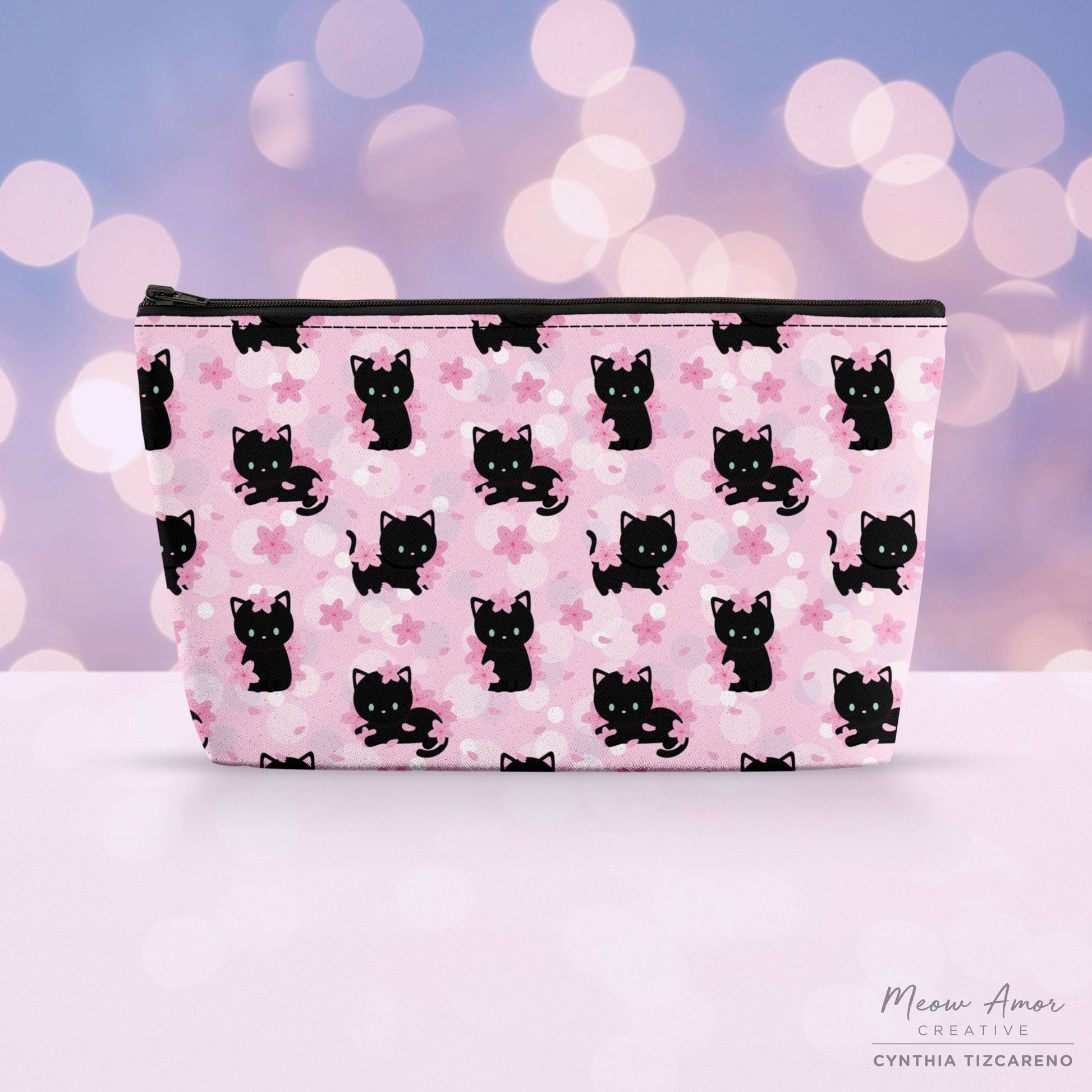 Cherry Blossom Black Cat Canvas Zipper Bag