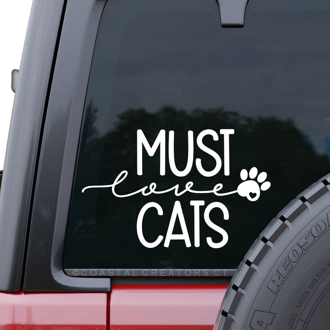 "Must Love Cats" White Vinyl Car Window Decal (Packaged)