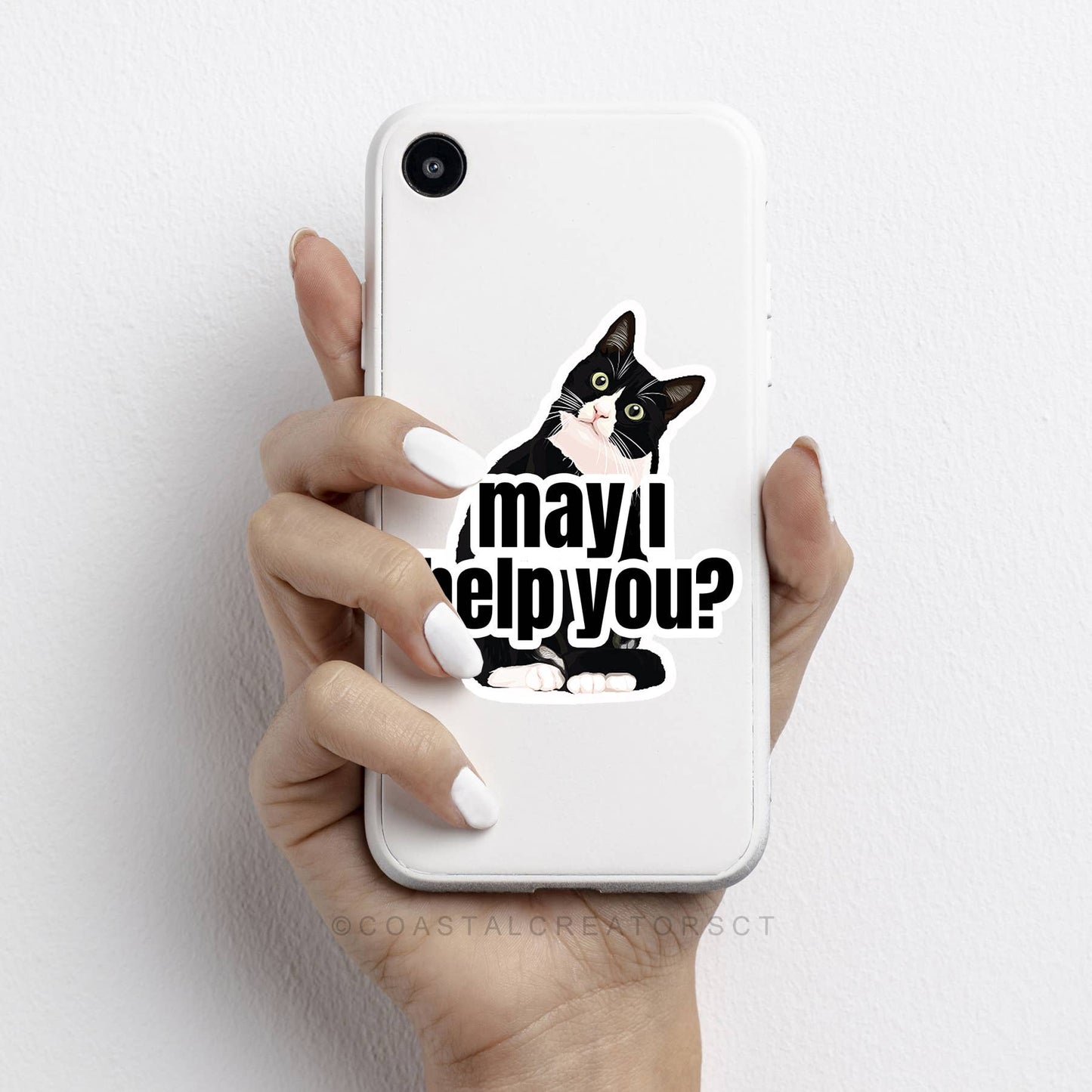 Tuxedo Cat May I Help You? 3" Diecut Laptop Bottle Sticker: Unpackaged