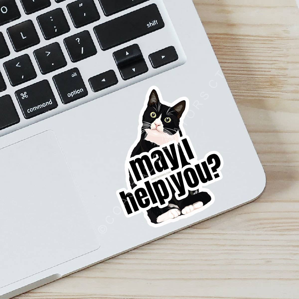 Tuxedo Cat May I Help You? 3" Diecut Laptop Bottle Sticker: Unpackaged