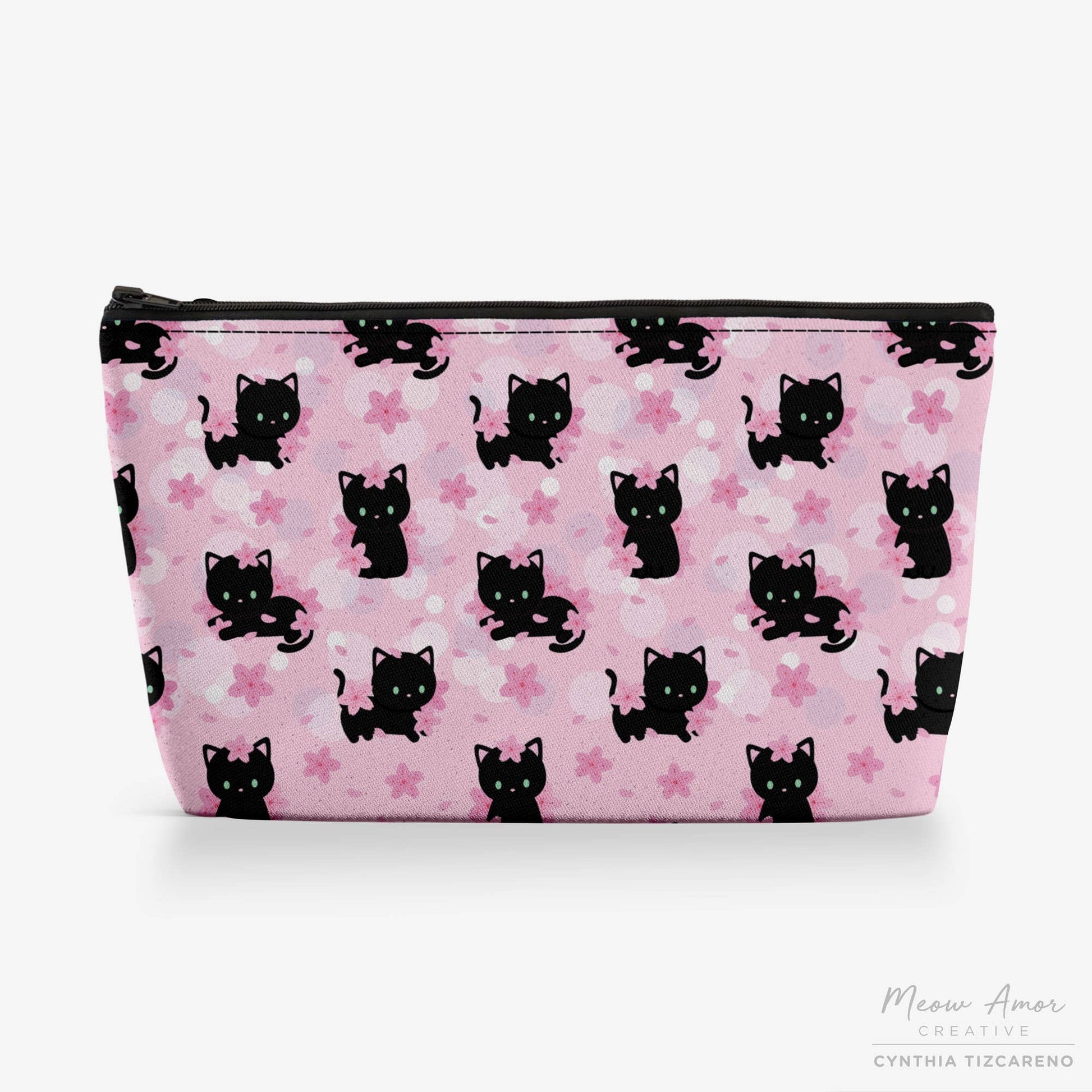 Cherry Blossom Black Cat Canvas Zipper Bag