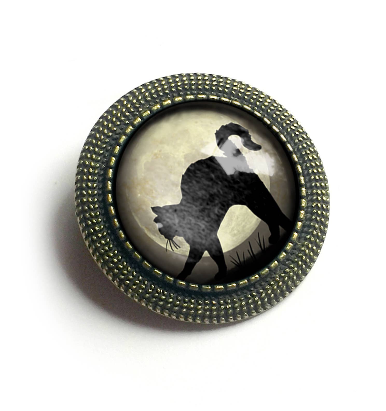 Grey Cat on Blue Moon Brooch