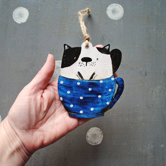 Black and White Cat In Cup Ornament