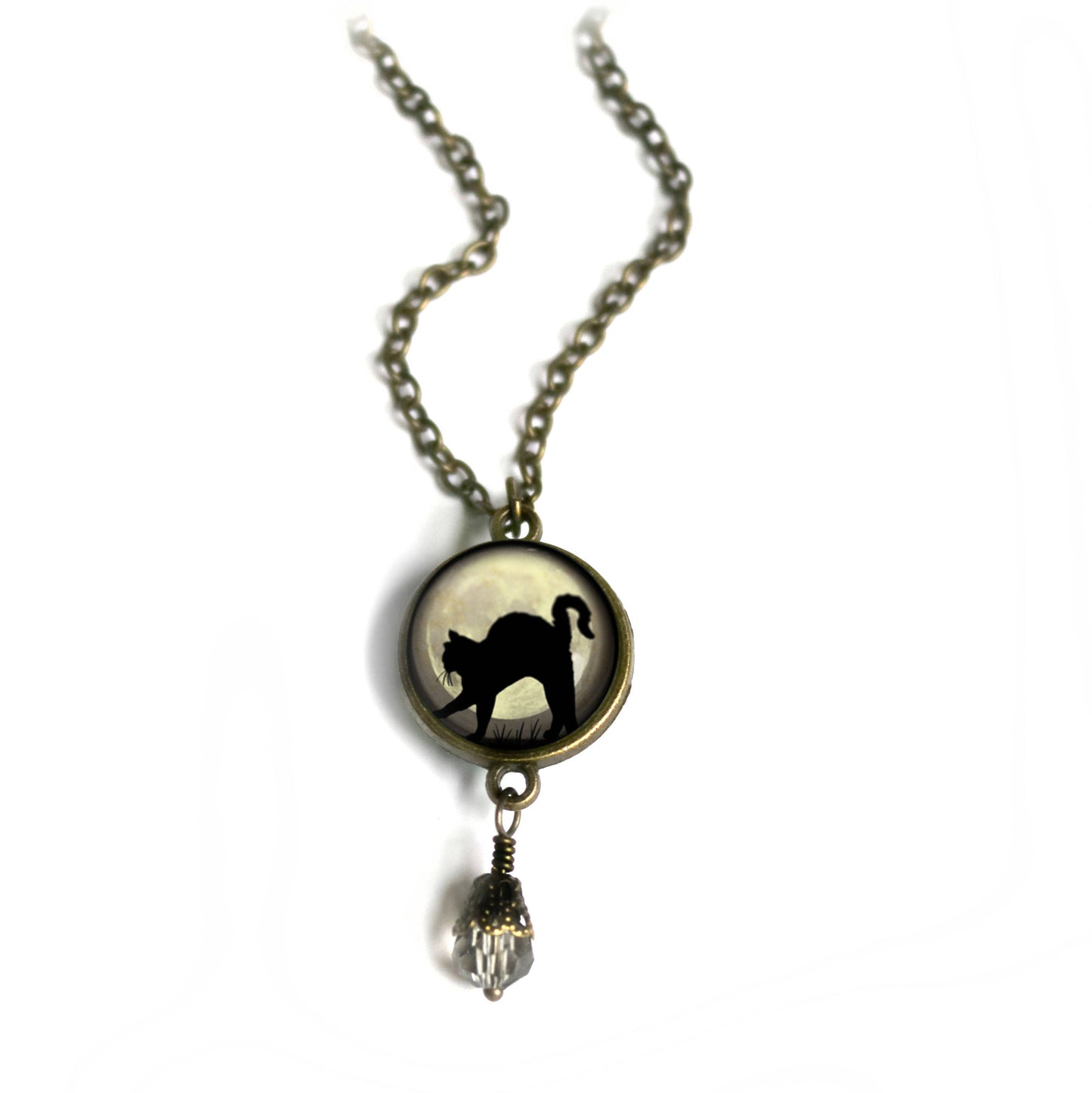 Black Cat on Grey Moon Goth Halloween Necklace w/ Bead