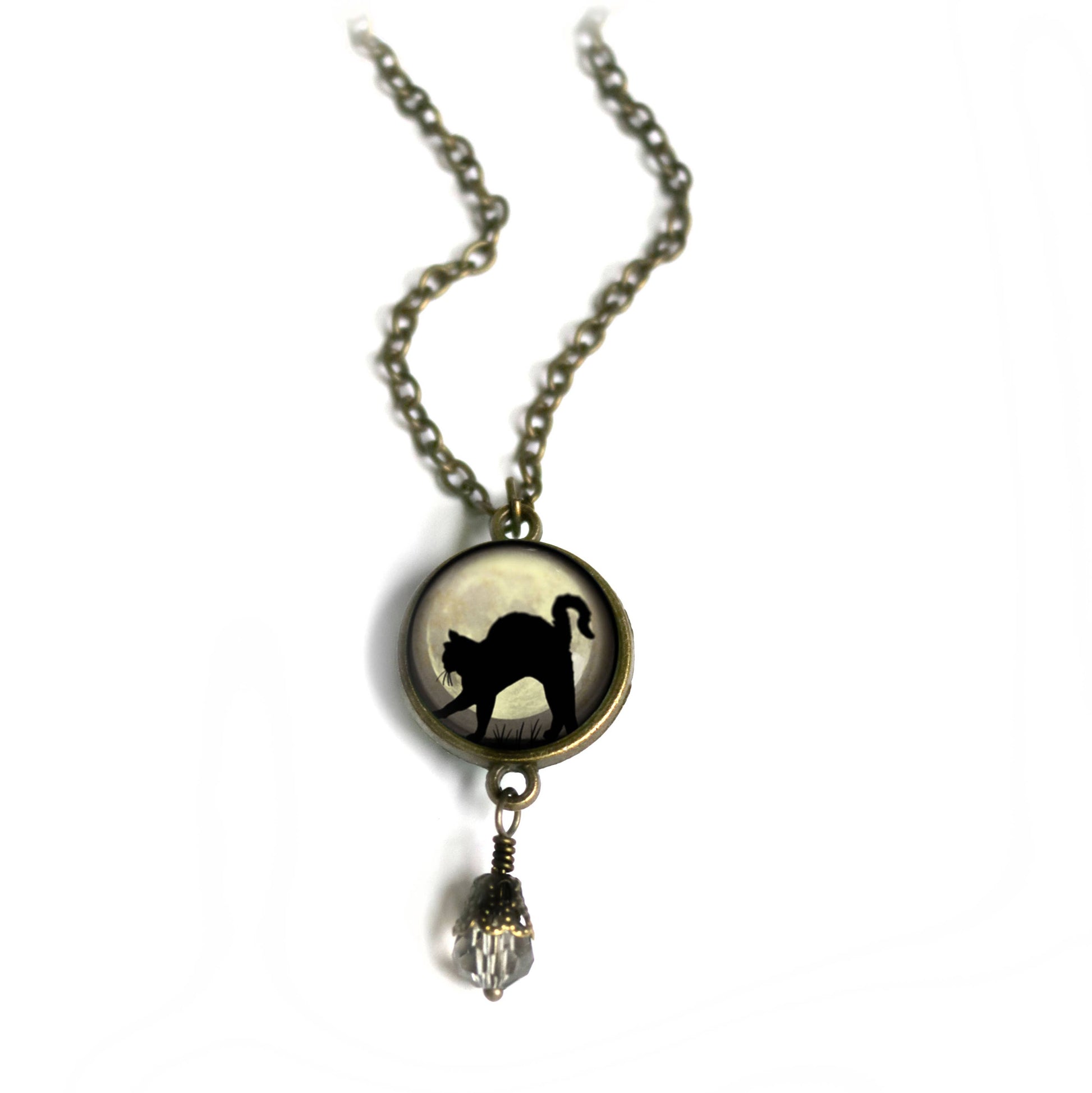 Black Cat on Grey Moon Goth Halloween Necklace w/ Bead