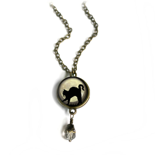 Black Cat on Grey Moon Goth Halloween Necklace w/ Bead