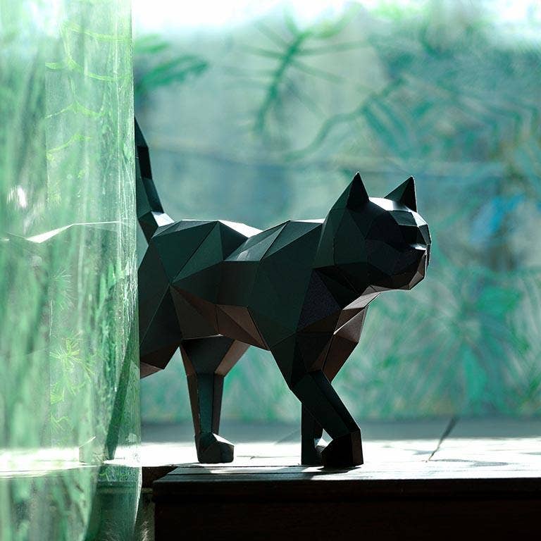 3D Paper Art Cat Origami Model - Black