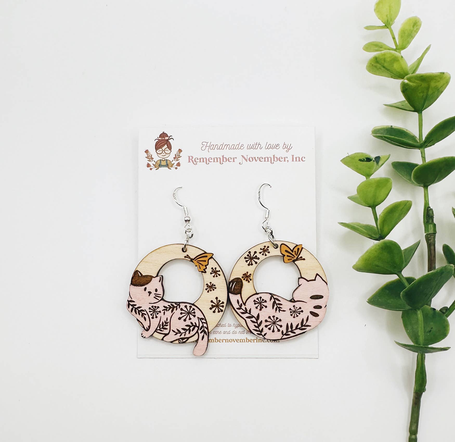 Cat Butterfly Earrings, Handmade, Birch Wood: Silver Hooks