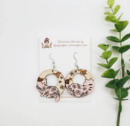 Cat Butterfly Earrings, Handmade, Birch Wood: Silver Hooks