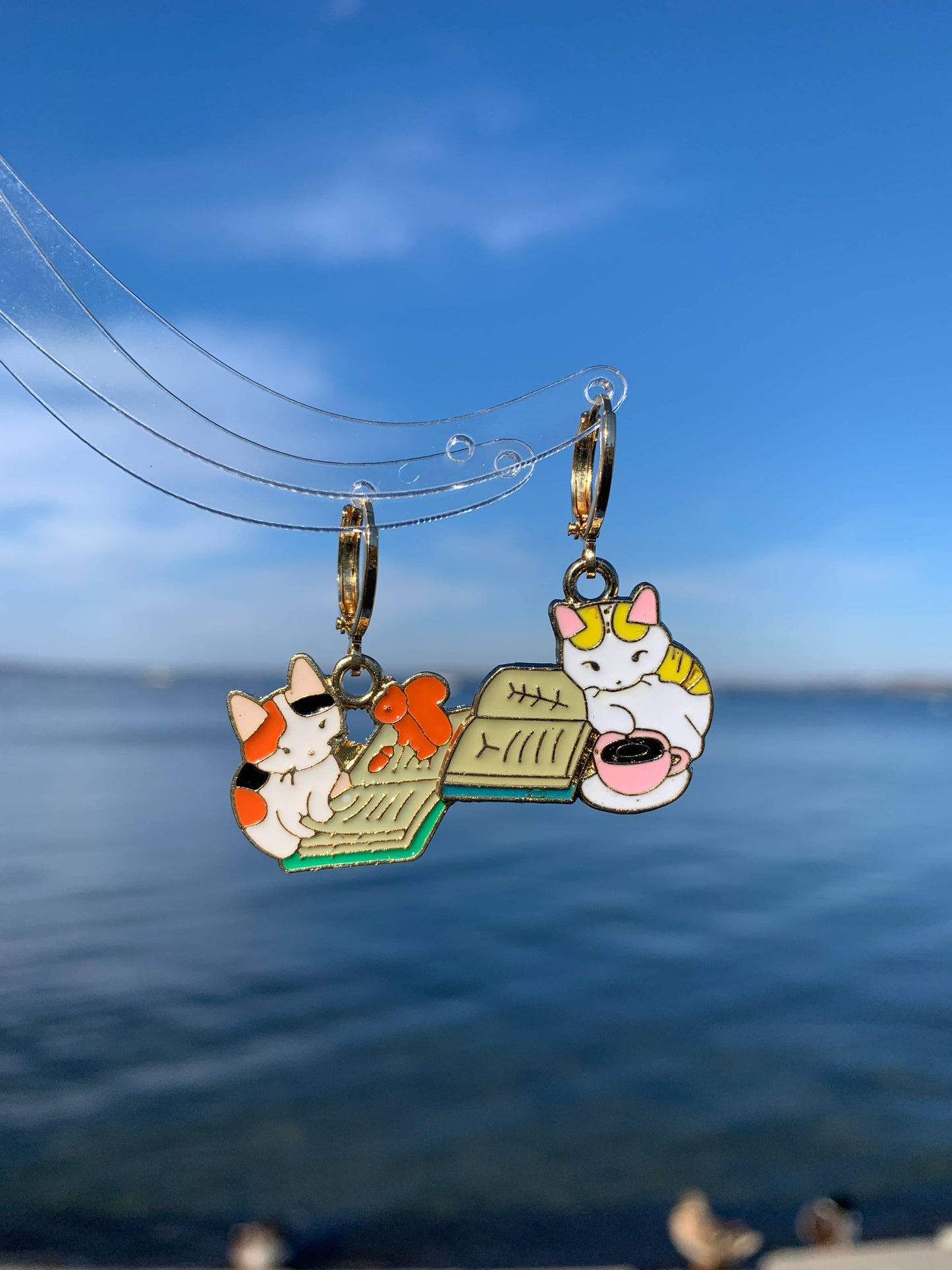 Unique Reading Cat Huggie Hoop Earrings