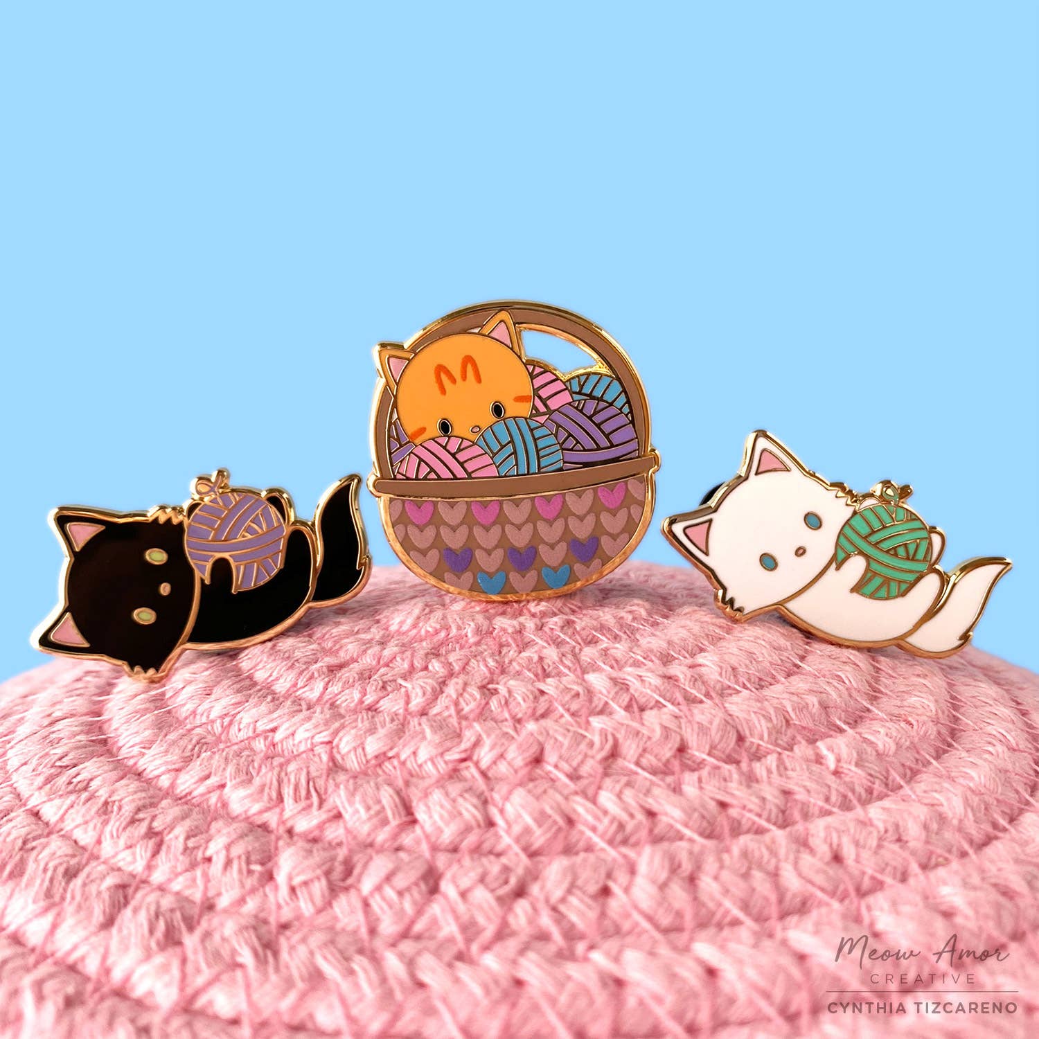 Playful Black Cat Yarn Ball Enamel Pin