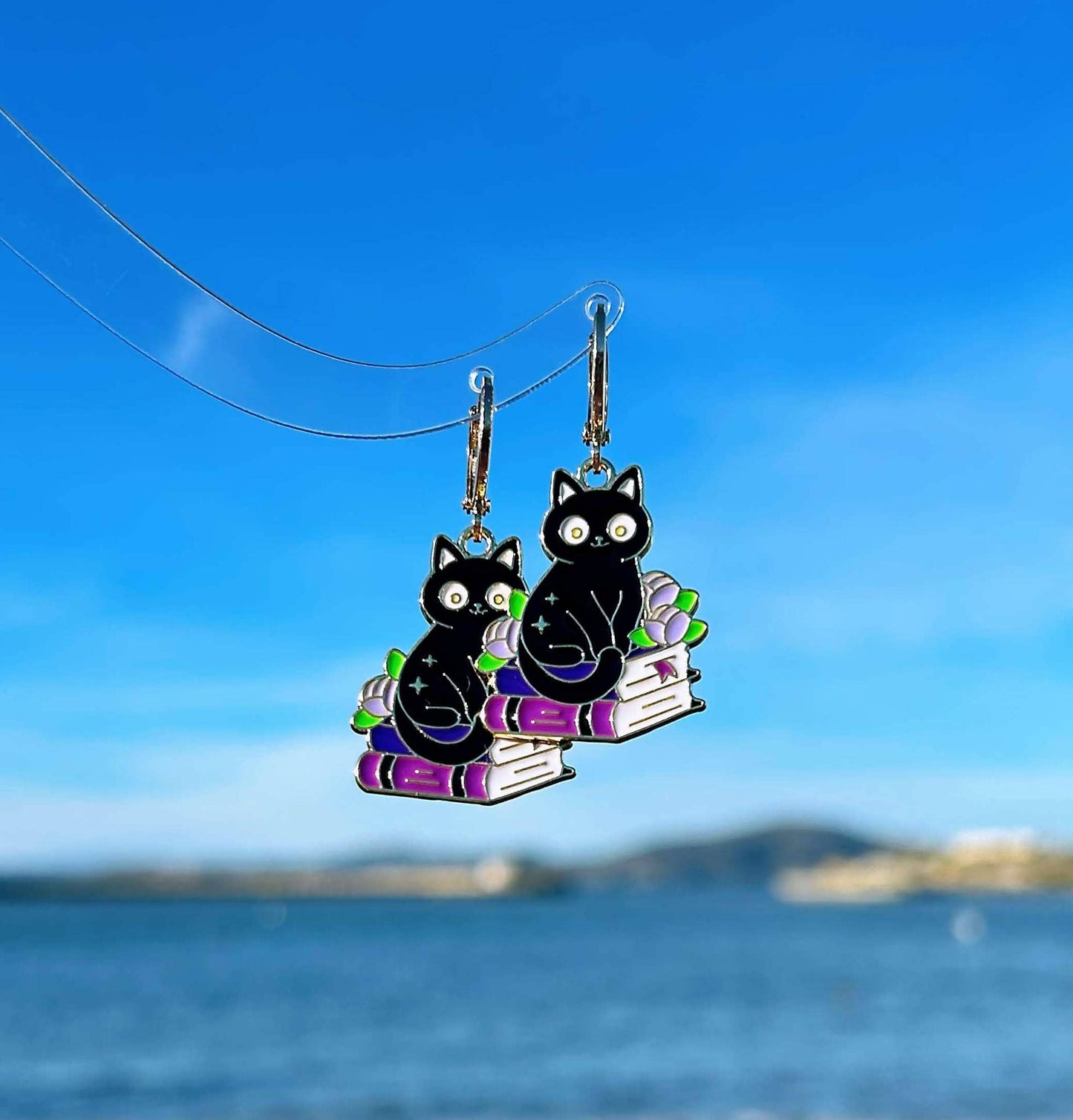 Unique Cat and Books Huggie Earrings