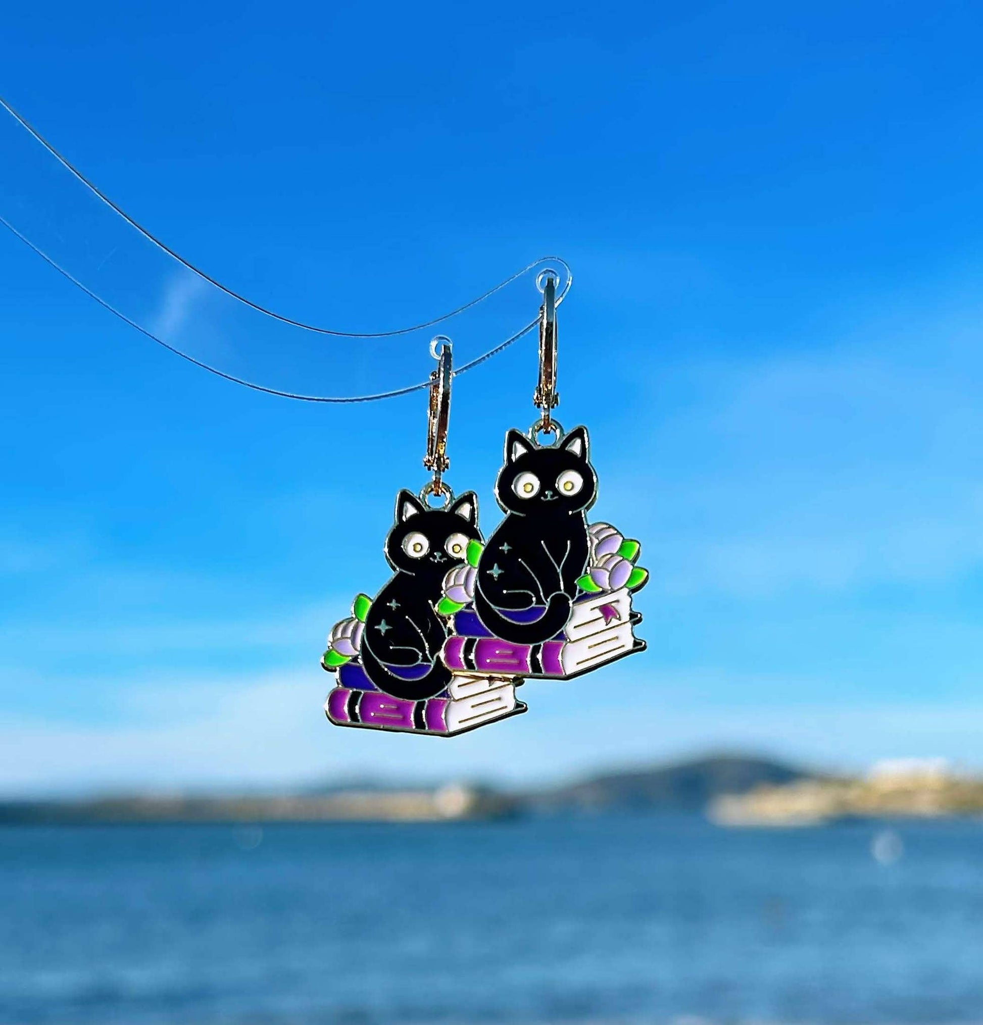 Unique Cat and Books Huggie Earrings