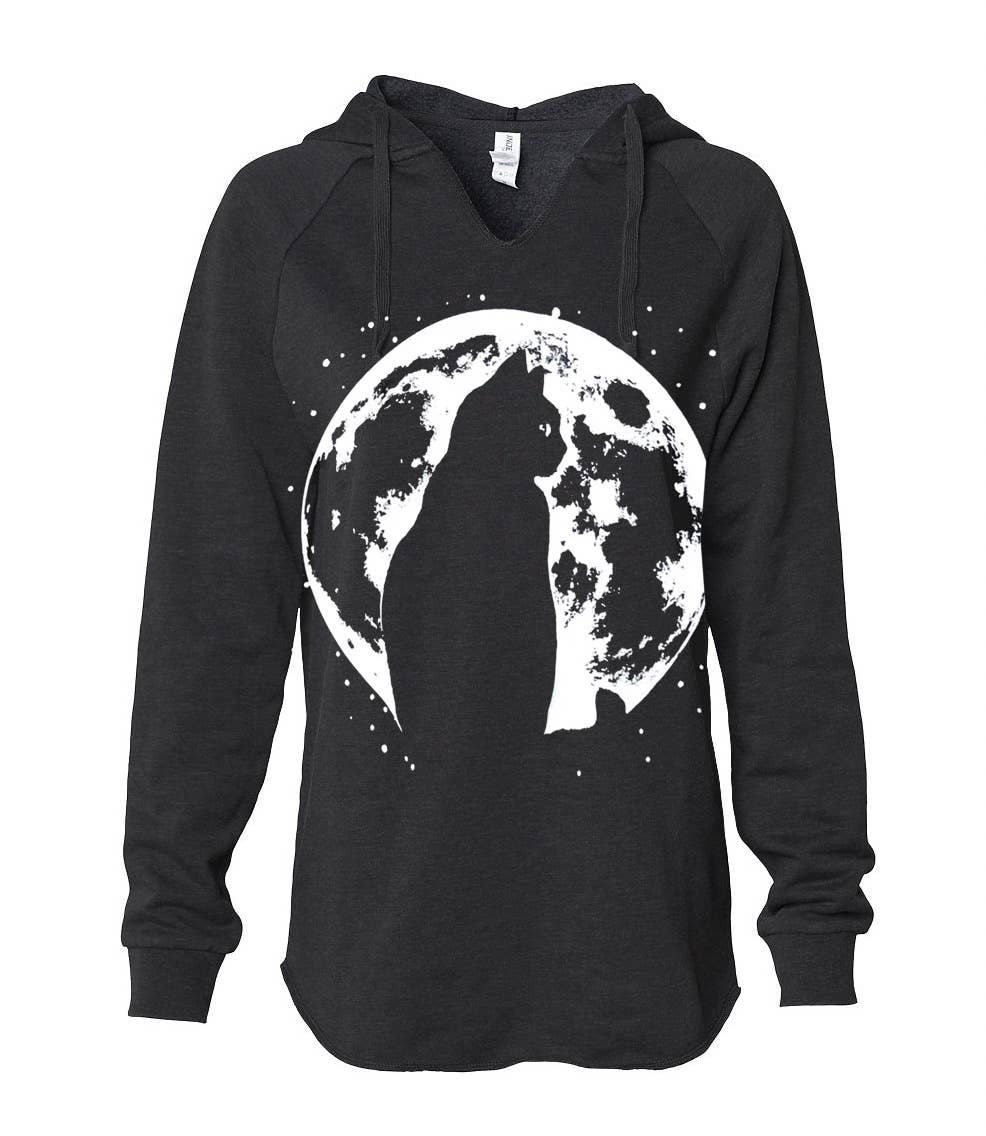 Black Fleece V-Notch Beach Pullover Hood with Cat Moon