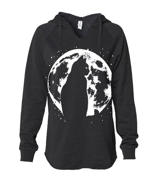 Black Fleece V-Notch Beach Pullover Hood with Cat Moon