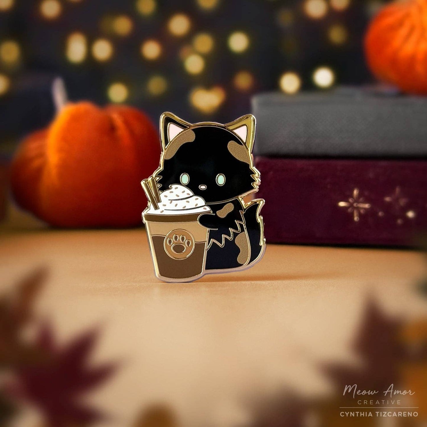 Fluffy Tortie Cat Choco Chip Coffee Enamel Pin