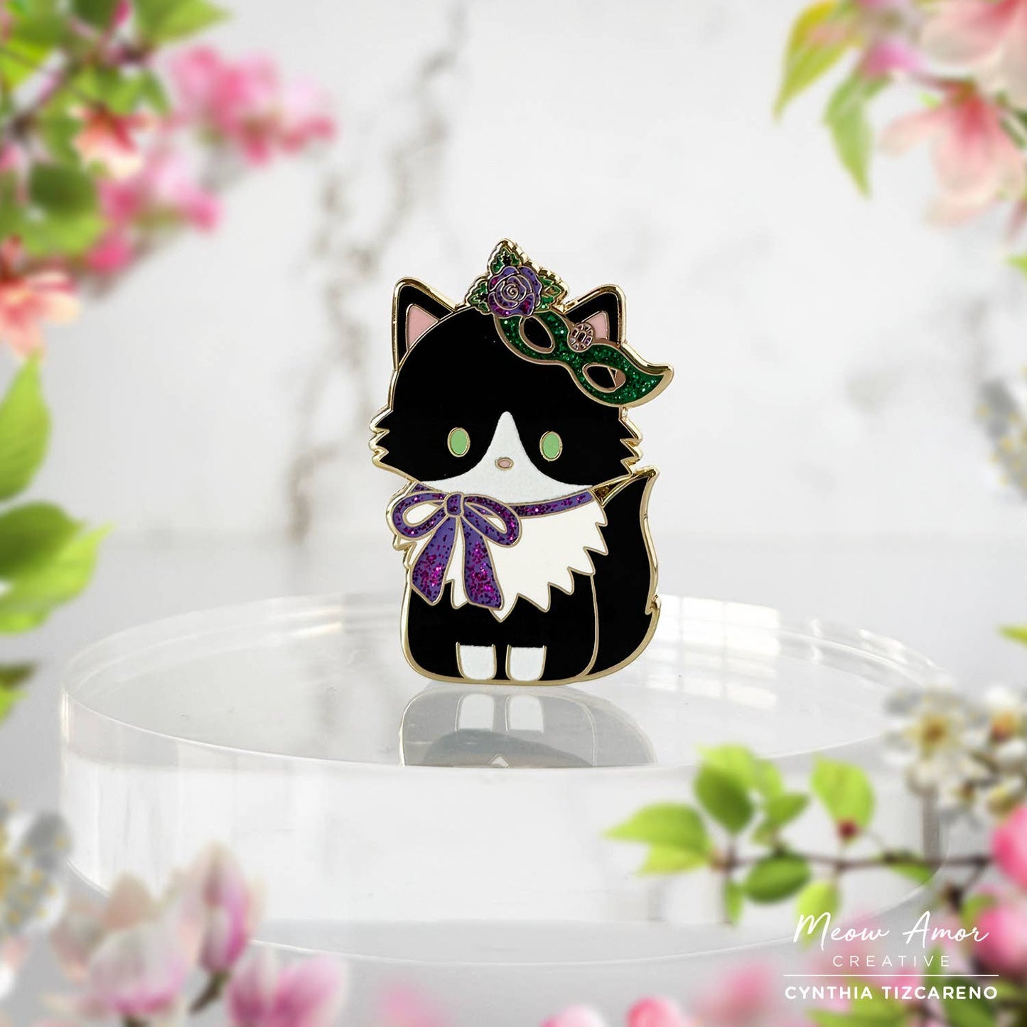 Masquerade Tuxedo Cat Glitter Enamel Pin