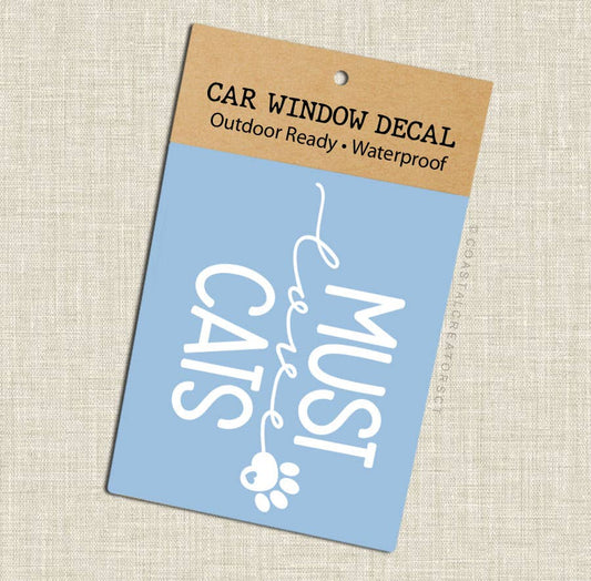 "Must Love Cats" White Vinyl Car Window Decal (Packaged)