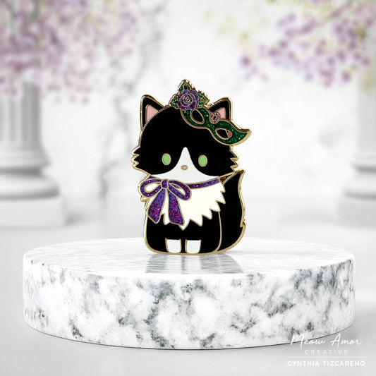 Masquerade Tuxedo Cat Glitter Enamel Pin