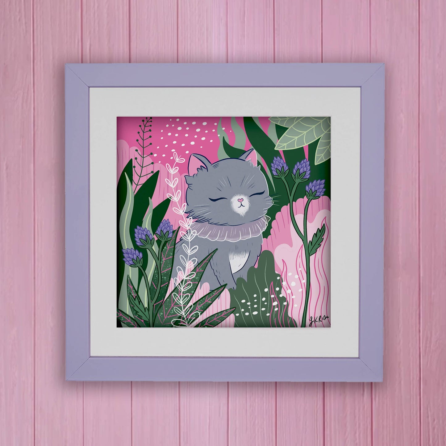 Serene Grey Cat Forest Square Art Print - Zen Kitty