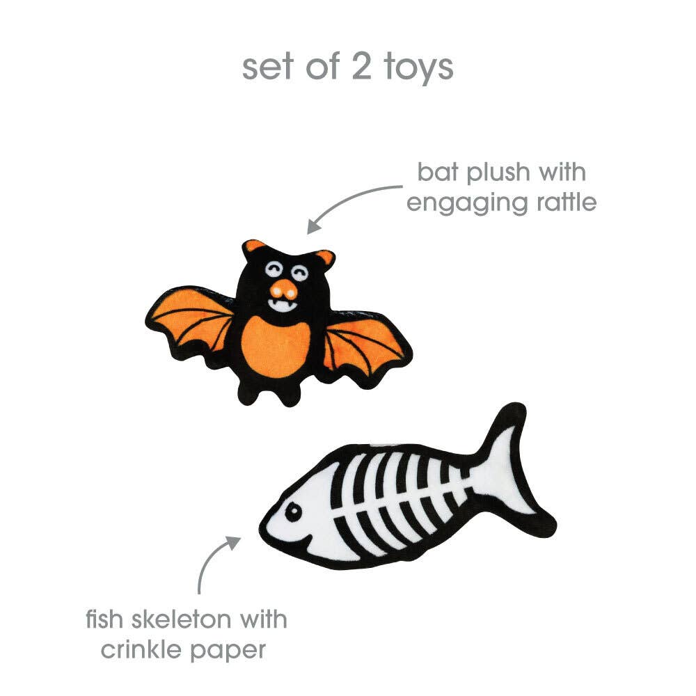 Bat & Fish Skeleton Halloween Cat Toys, Set of 2