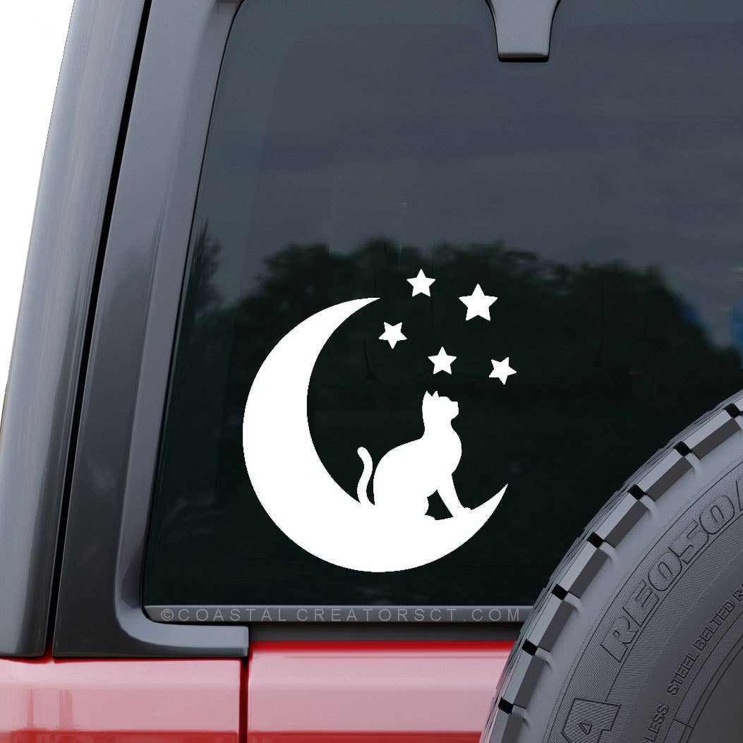 Cat Moon Celestial White Vinyl Car Window Sticker