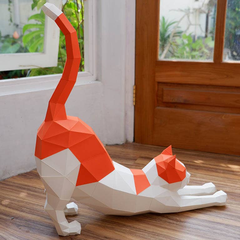 3D Paper Cat Origami Model - Orange