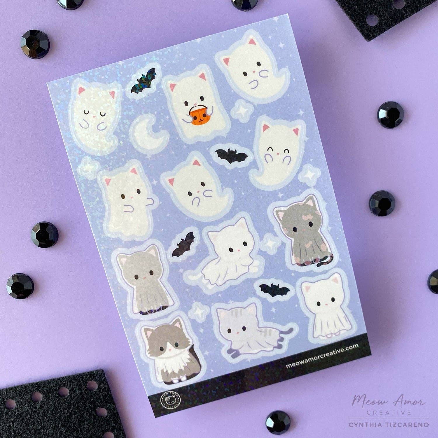 Sparkle Ghost Cats Vinyl Sticker Sheet