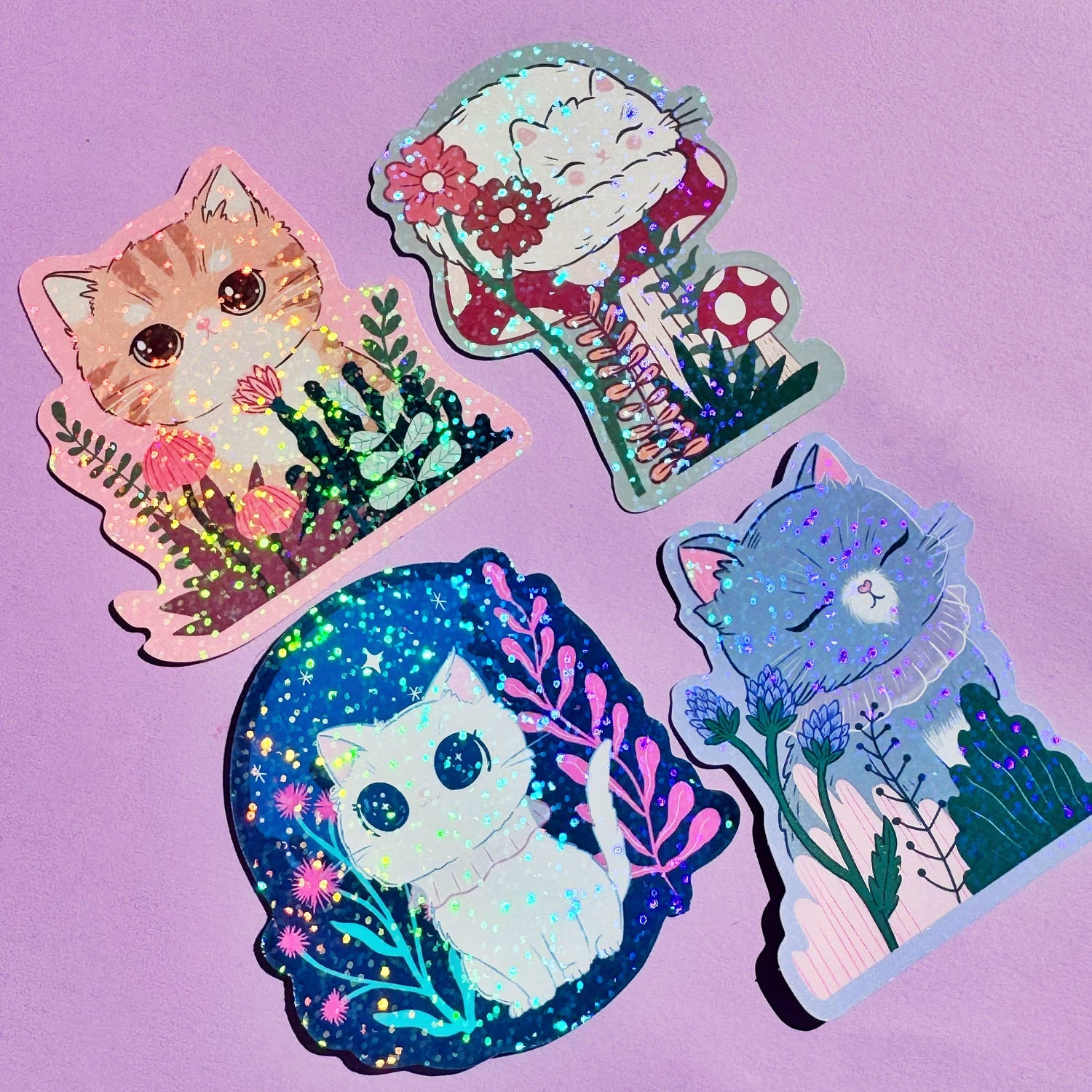 Forest Bloom Sparkly Cat Vinyl Sticker - Floral Kitty