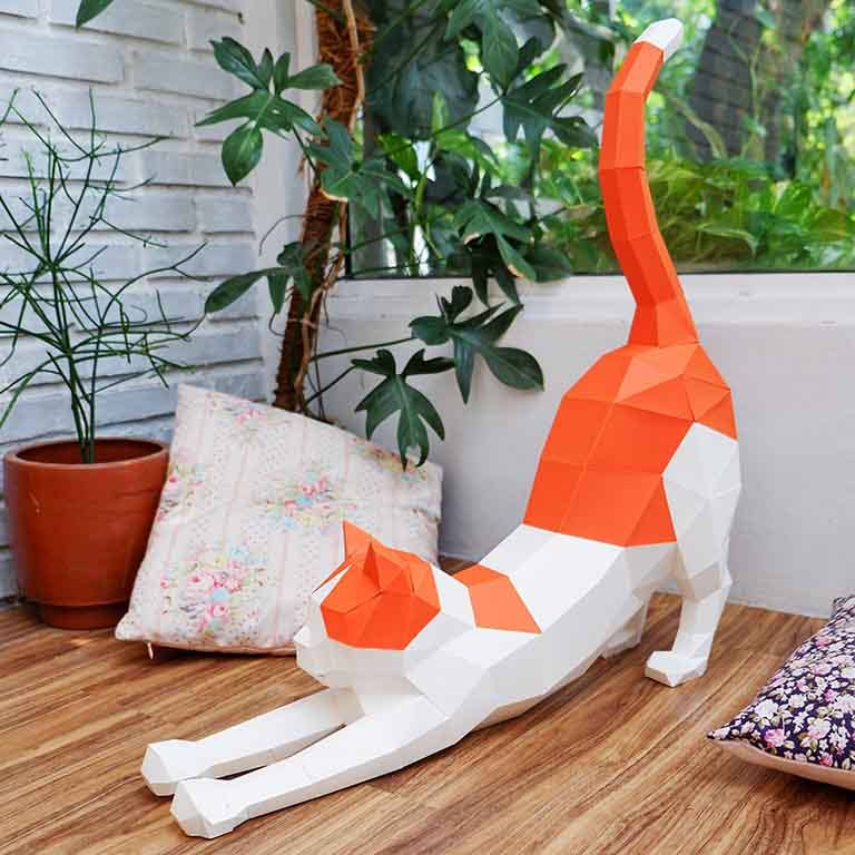 3D Paper Cat Origami Model - Orange