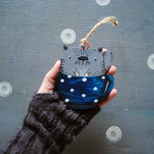 Grey Cat In Cup Ornament