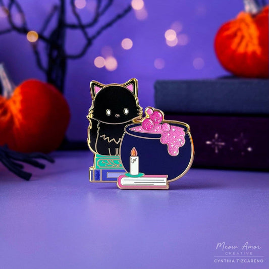 Black Cat Cauldron Glitter Enamel Pin
