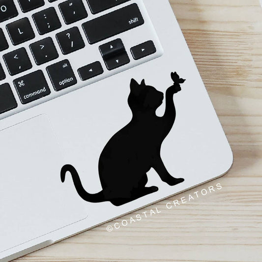 Cat with Butterfly Vinyl Laptop Water Bottle Sticker (Black)