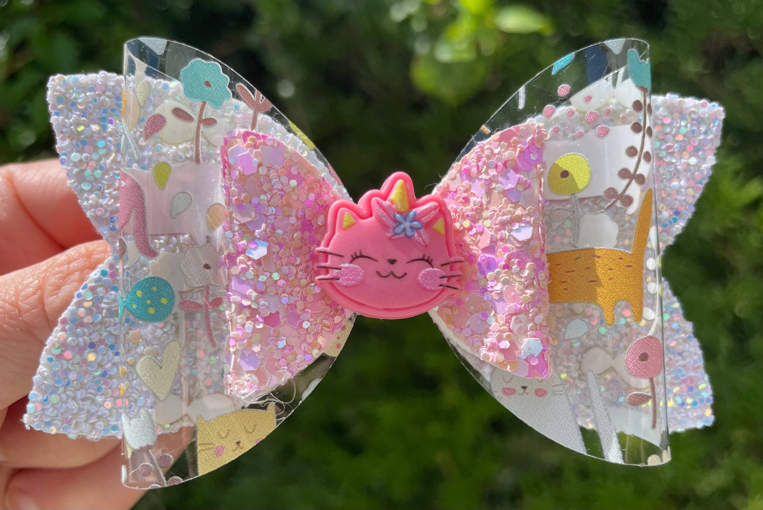 Unicorn Kitty Glitter Bow – Vegan Leather Hair Clip (4”)