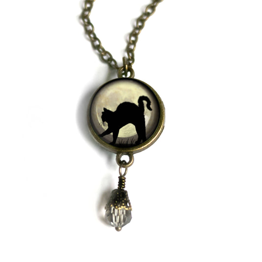 Black Cat on Grey Moon Goth Halloween Necklace w/ Bead