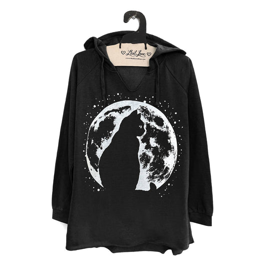 Black Fleece V-Notch Beach Pullover Hood with Cat Moon