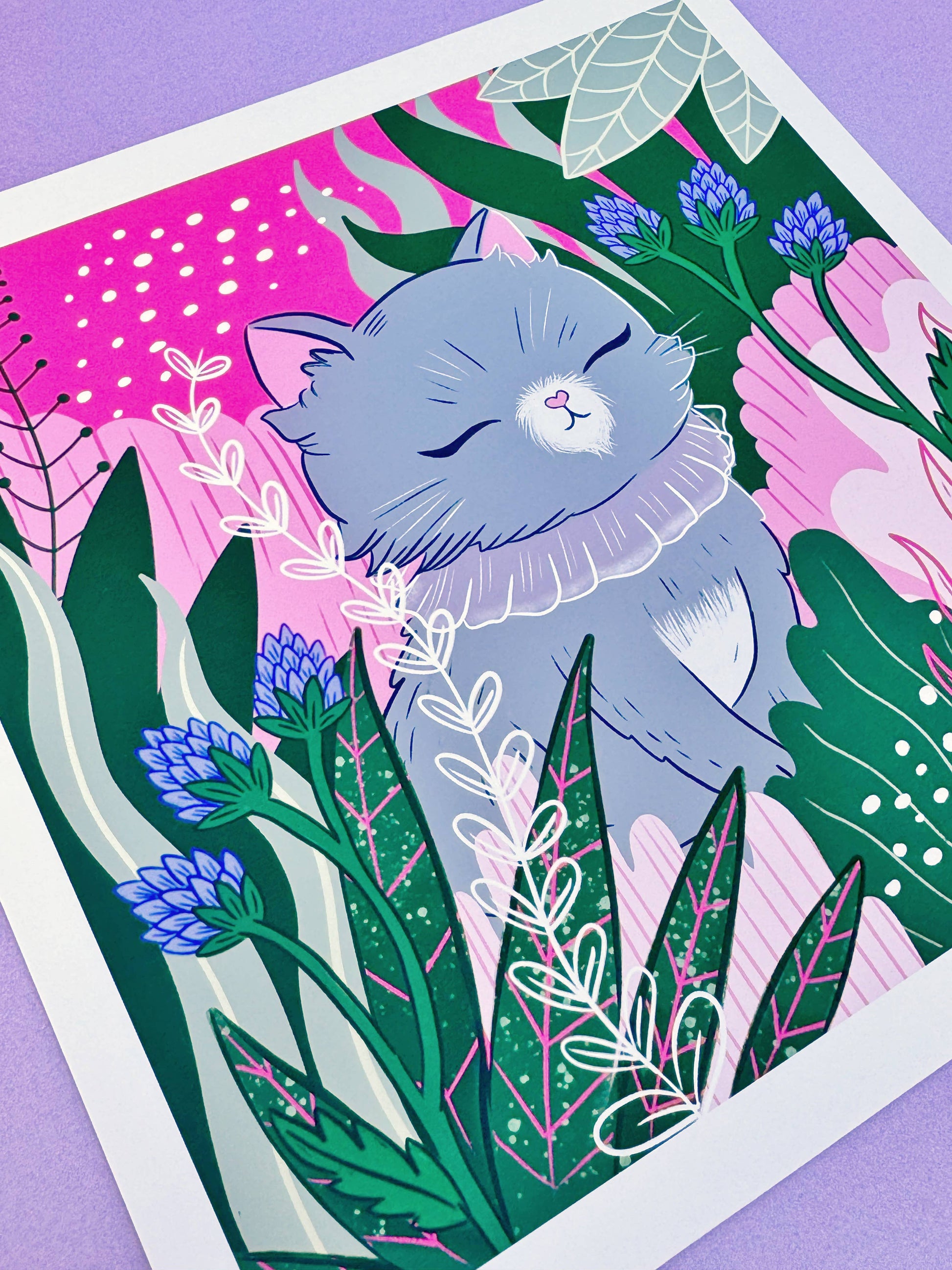 Serene Grey Cat Forest Square Art Print - Zen Kitty