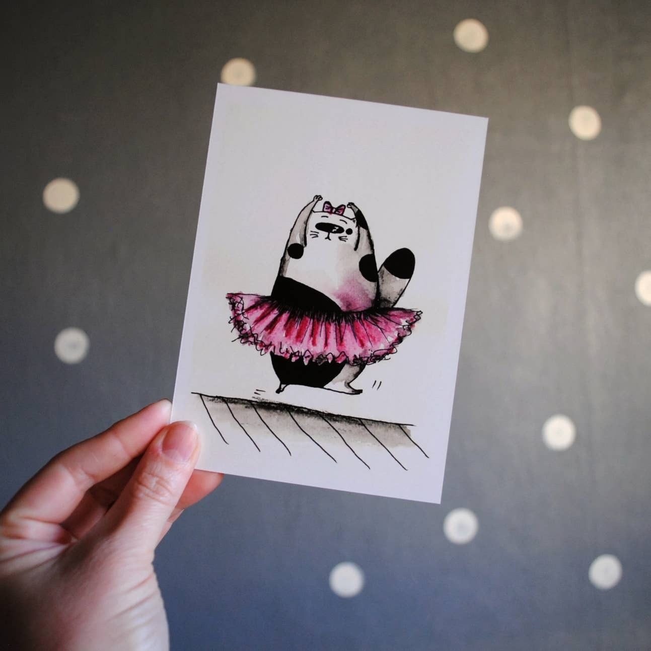 Cat Ballet Handpainted Watercolor Postcard