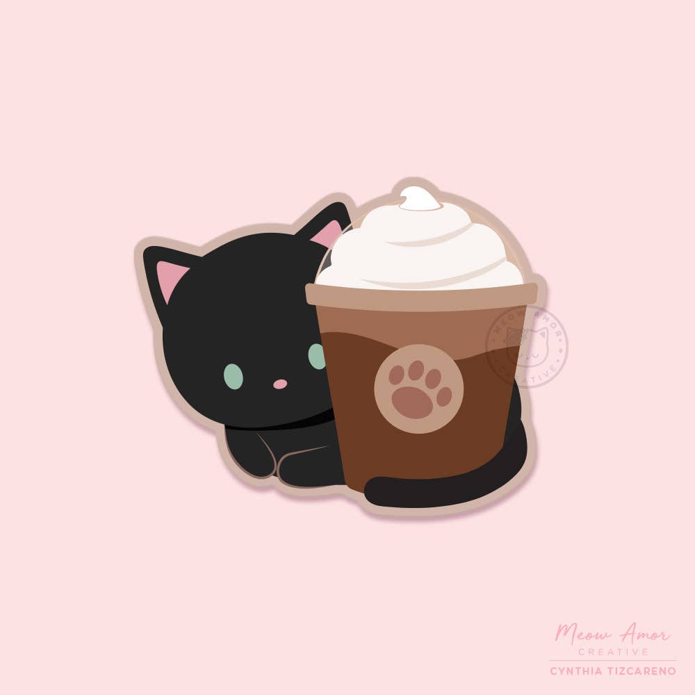 Coffee Black Cat Vinyl Sticker