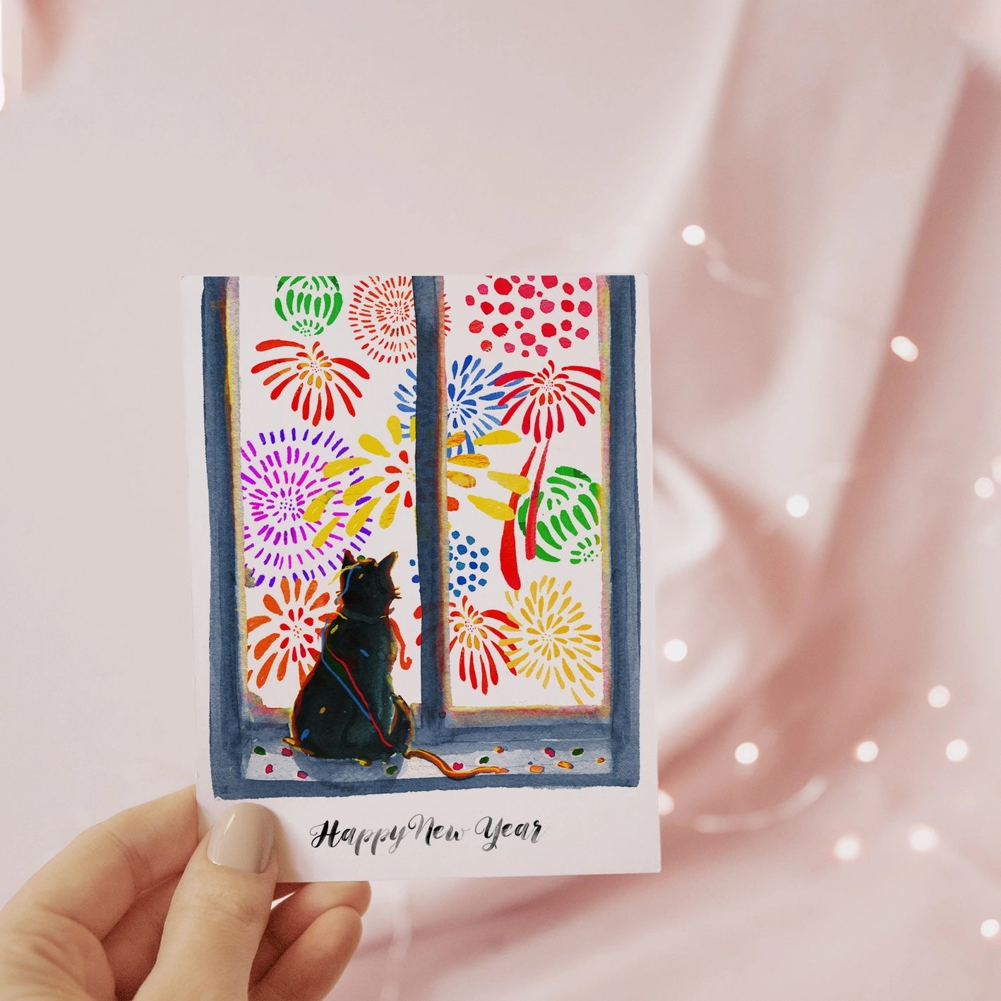 Window Cat Fireworks New Year Card