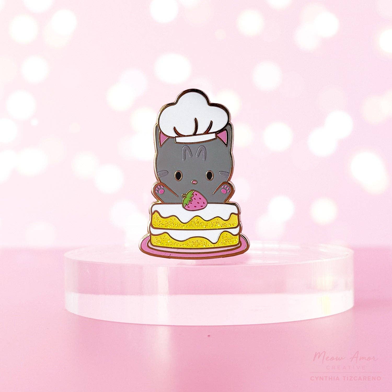 Tabby Cat Strawberry Cake Enamel Pin