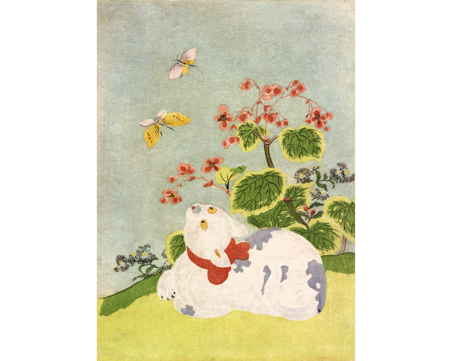 White Cat and Butterflies - Vintage Art Print